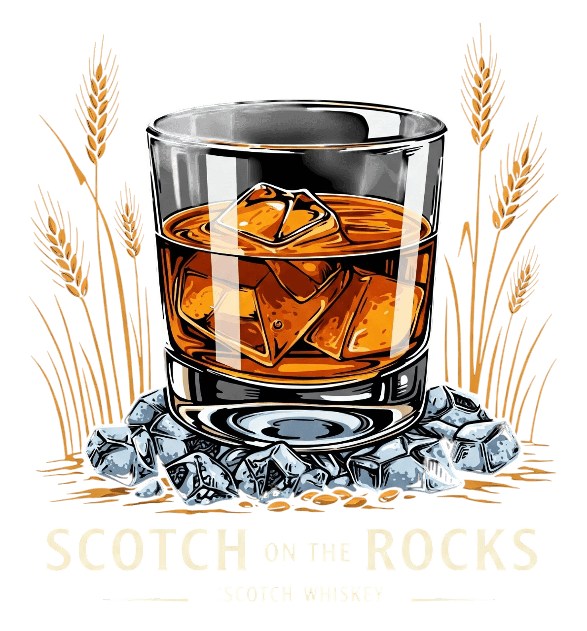 Glass of scotch whiskey with ice.